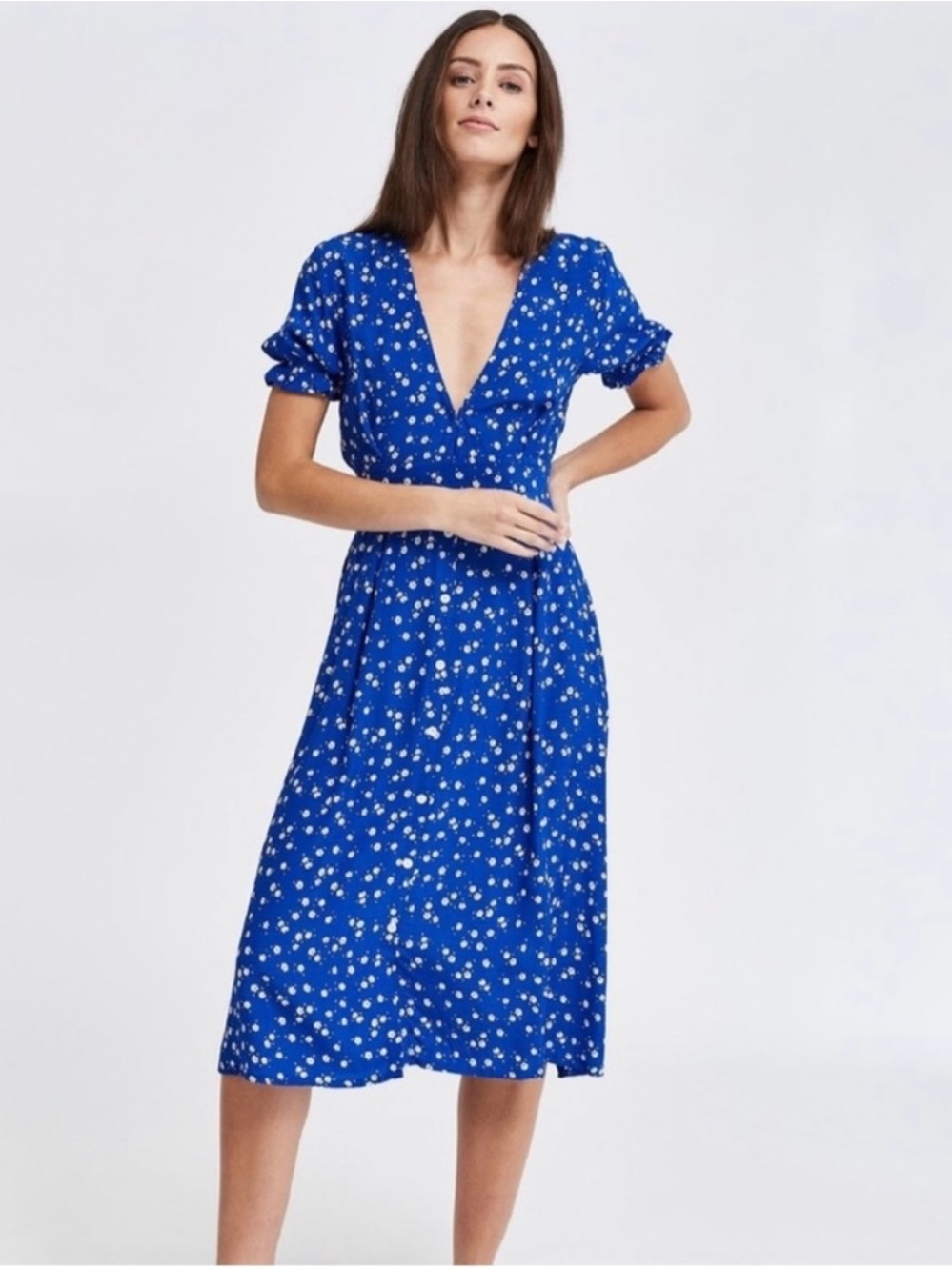 Faithfull the Brand Royal Blue Floral V-Neck Farah Midi Dress XS